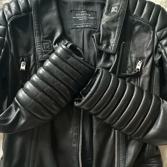 All Saints Quilted Black Leather Jacket - Picture 7 of 15